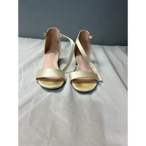 Dufannie Cream Satin Block Heel Sandals Ankle Strap Open Toe Formal Shoes Size 4